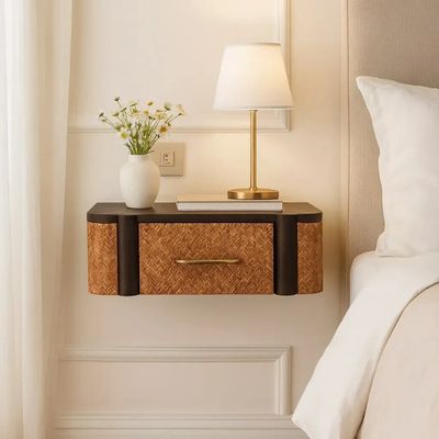 Night tables - Artisan Furniture Solid Wood Rattan Curve Wall-Mounted Drawer, 1 Drawer, Dark Brown - ARTISAN FURNITURE