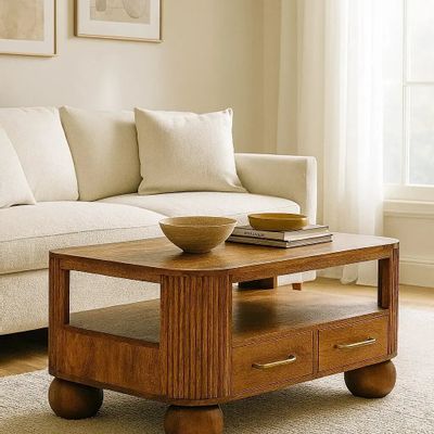 Coffee tables - Artisan Furniture Solid Wood Briarwood Fluted Coffee Table, 2 Drawers, 1 Shelf, Brown - ARTISAN FURNITURE