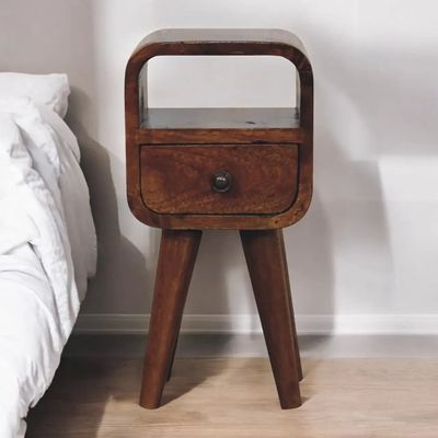Night tables - Artisan Furniture Solid Wood Extra Mini Curve Nightstand, Open Slot and 1 Drawer, Chestnut, Nordic Legs, Dark Brown - ARTISAN FURNITURE