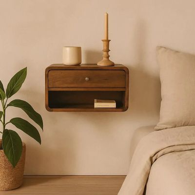 Tables de nuit - Artisan Furniture Table de Nuit Murale Courbe en Châtaignier, 1 Tiroir et Étagère Ouverte, Marron Foncé - ARTISAN FURNITURE