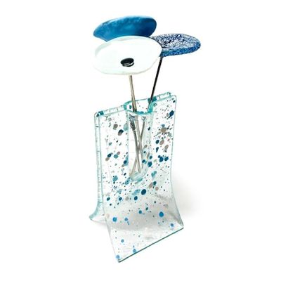 Vases - Vase à pois bleu-blanc clair orné de 3 fleurs - CARNEOL GLASS