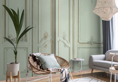 KOZIEL - Panoramic wallpaper Haussmann-style apartment wood panelling - lovat green