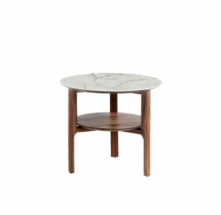 Coffee tables - Round side table in marble-effect glass and walnut - ANGEL CERDÁ