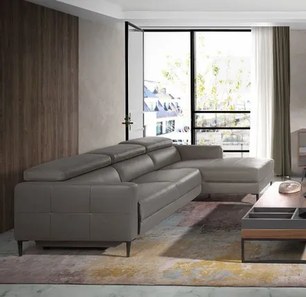 Sofas - Chaise longue sofa in dark grey leather with relax mechanism - ANGEL CERDÁ