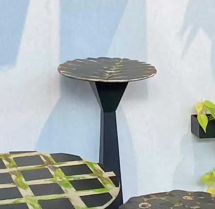 Ornements - Table haute motif feuille en ardoise naturelle diam 30, hauteur 93 cm - ARDOISE DESIGN