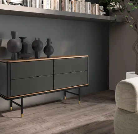 Chiffonniers - Commode en bois gris foncé mat, acier noir et plateau en noyer - ANGEL CERDÁ
