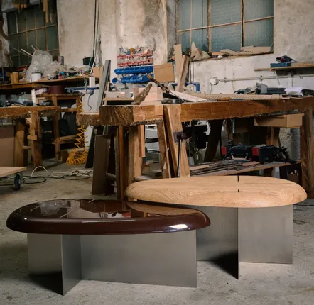 Tables for hotels - Mask Coffee Table lacquered wood oval top Brushed Stainless Steel Base - DUISTT