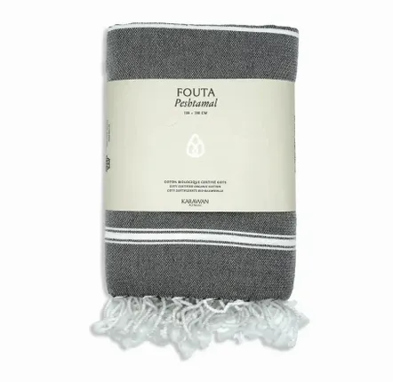 Serviettes de bain - FOUTA EN COTON BIOLOGIQUE - Collection HAMMAM- Couleur BLANC & ANTHRACITE - KARAWAN AUTHENTIC