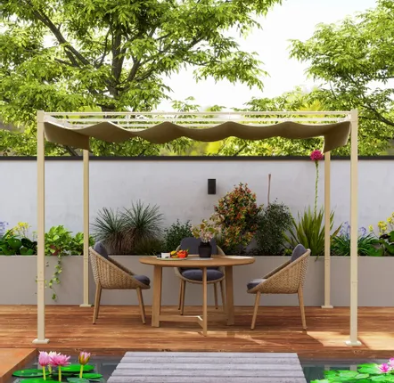 Pergolas - Retractable pergola 3 x 3 m beige epoxy steel polyester 180 g/m² UPF30+ khaki - AOSOM BUSINESS