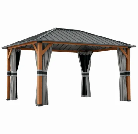 Pergolas - Garden pavilion with aluminum structure, wood-look, rigid metal roof, mosquito net curtains - AOSOM BUSINESS