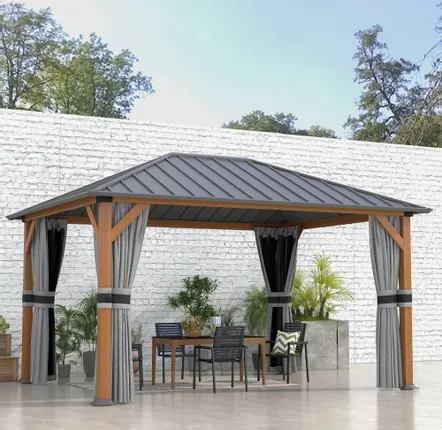 Pergolas - Garden pavilion with aluminum structure, wood-look, rigid metal roof, mosquito net curtains - AOSOM BUSINESS