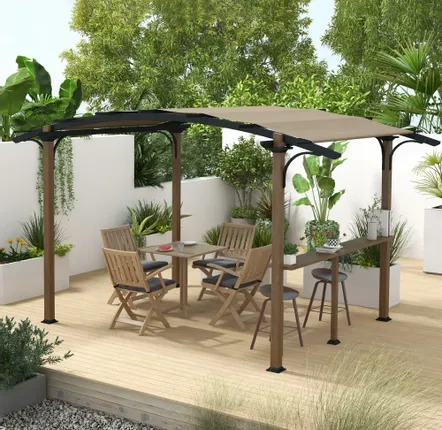 Pergolas - Pergola with counter, arched roof, aluminum, steel, black wood effect, greige canvas - AOSOM BUSINESS