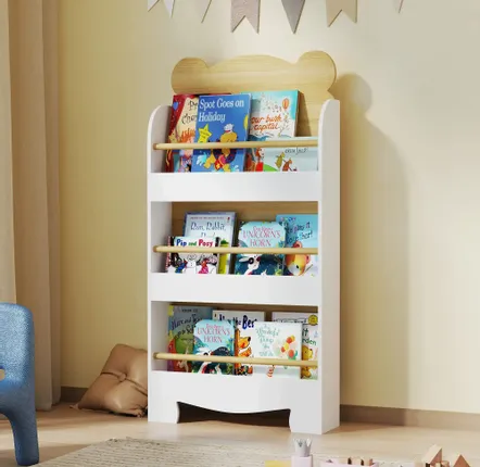 Children's desks - Children's bookcase with 3 levels, white bear design, natural wood effect - AOSOM BUSINESS