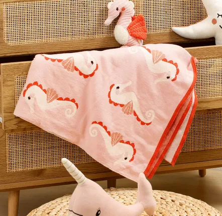 Paréos pour enfants - Plaid - Hippocampe Rose - Coton Bio - POMME