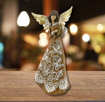 Crèches et santons - Figurine d’Ange de Noël — Motif Luth — Aspect Sculpté Rustique - BLUE STAR B.V.