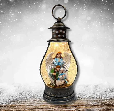 Crèches et santons - Lanterne Crèche LED – Ange avec Sainte Famille et Éclat Pailleté - BLUE STAR B.V.