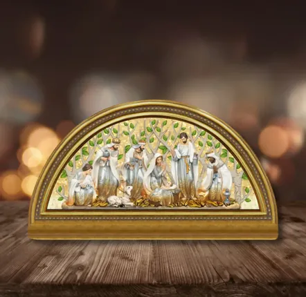 Crèches et santons - Crèche LED avec Arbre en Arrière-Plan, Arche Dorée, Lumière Chaleureuse, Minuterie et DC - BLUE STAR B.V.