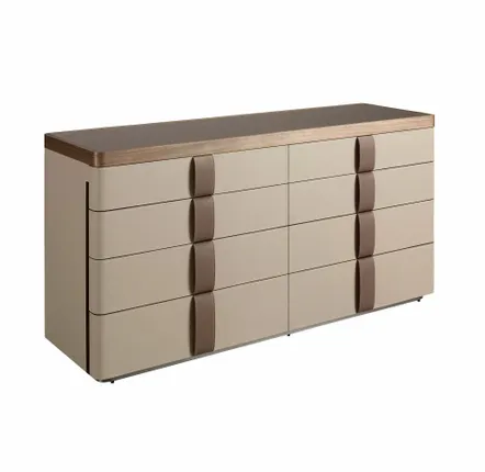 Chiffonniers - Commode en similicuir, noyer, base en acier poli et plateau en verre - ANGEL CERDÁ