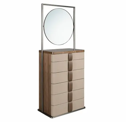 Commodes - Commode en similicuir, noyer, acier gris et plateau en verre fumé brun - ANGEL CERDÁ