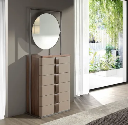 Commodes - Commode en similicuir, noyer, acier gris et plateau en verre fumé brun - ANGEL CERDÁ