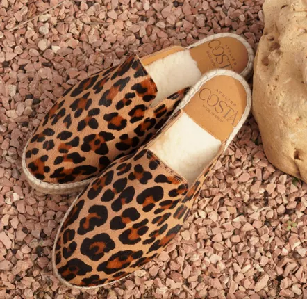 Shoes - Leopard Print Leather Slippers Lined with Virgin Wool - ATELIER COSTÀ