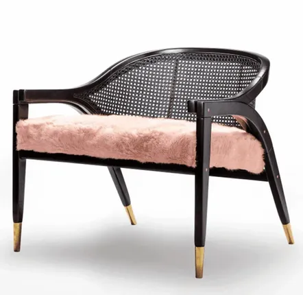Lounge chairs for hospitalities & contracts - Low Lounge Armchair Wormley, seat fur, frame solid wood, cane & brass - DUISTT