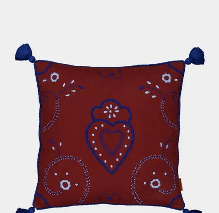 Coussins - Hand-Embroidered Viana Bordeaux Linen with Blue Embroidery Cushion - HOUSE OF CAPRICORN