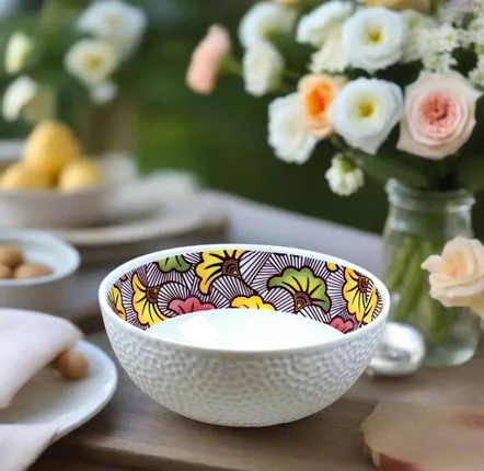 Cadeaux - Bol grenaillé en porcelaine fine, motif WAX Fleurs de mariage rouge bordeaux - KEMI HOME ART