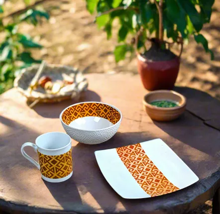 Cadeaux - Coffret petit déjeuner, porcelaine fine, motif Ntshak Kuba - KEMI HOME ART