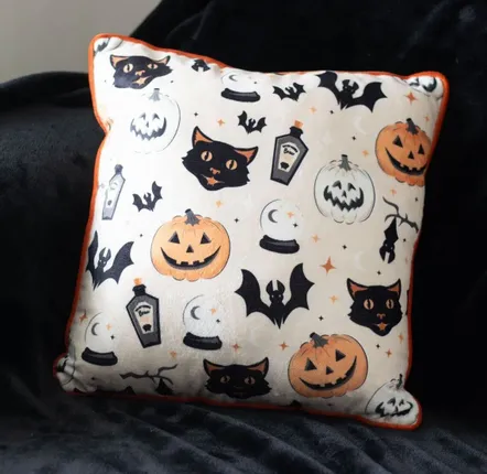 Cushions - 35cm Square Spooky Cat and Pumpkin Print Cushion - SOMETHING DIFFERENT WHOLESALE