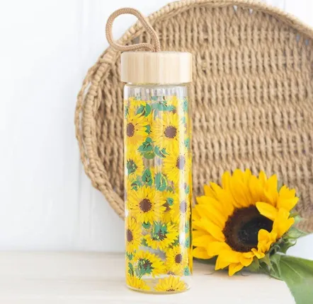 Glass - Sunflower Print Glass Water Bottle - SOMETHING DIFFERENT WHOLESALE EUROPE BV