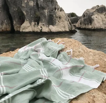 Serviettes de bain - fouta Organic sauge/blanc - OTTOMANIA