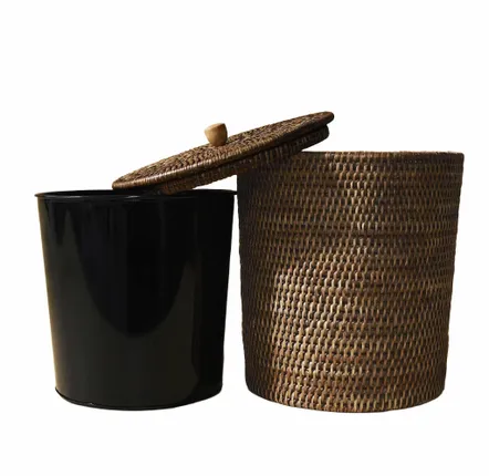 Bathroom waste baskets - Round Rattan Waste Bin With Lid - KING ZOO