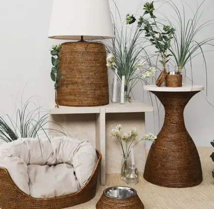 Office design and planning - Side Table - Travertine & Rattan - KING ZOO
