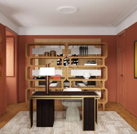 Office desks - James Desk in High Gloss Ebony Wood and Brass, Mid-century, Portugal - DUISTT