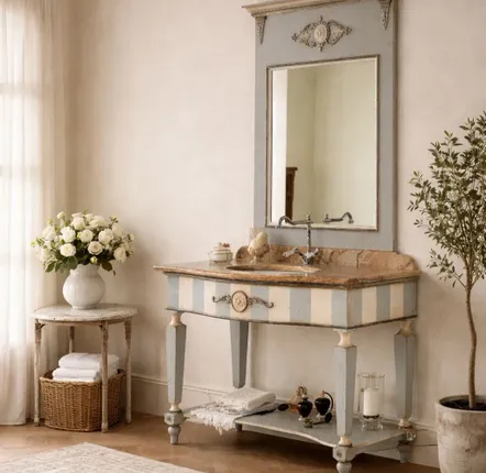 Meubles pour salle de bain - Meuble de salle de bain « Ninfea » avec plateau en marbre travertin - INTERIORS ITALIA