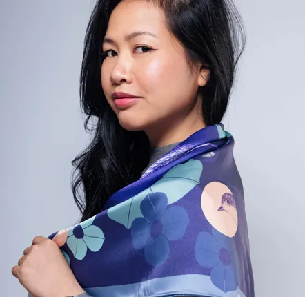 Scarves - Red throat bird scarf (blue model) - KOUNTHEA RETH