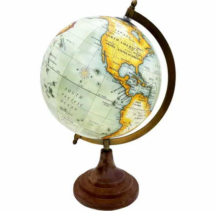Decorative objects - World globe diam 8" wooden stand and antic brass ring - TRADE WINDS