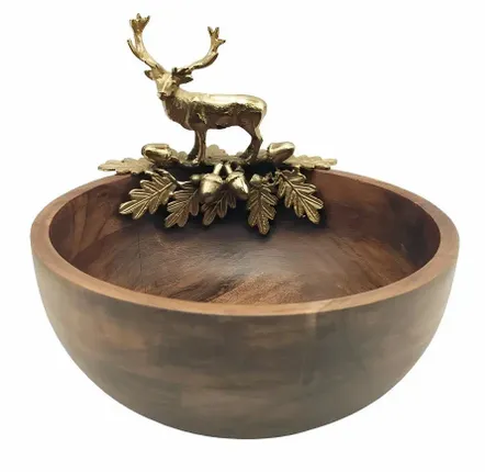 Decorative objects - BROWN WOODEN 'CHRISTMAS' BOWL+GOLDEN DEER DECOR - FANCY