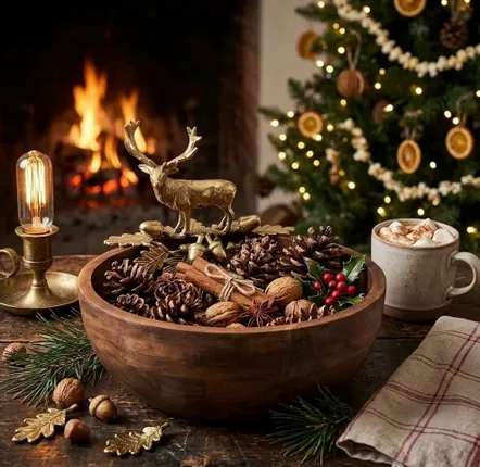 Decorative objects - BROWN WOODEN 'CHRISTMAS' BOWL+GOLDEN DEER DECOR - FANCY