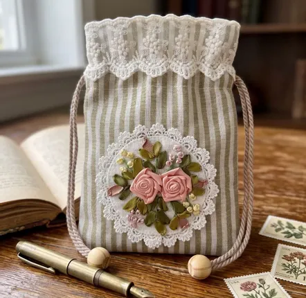 Clutches - Striped floral lace purse, 14*18cm - ROLANDE DU DREUILH  LACE JEWEL