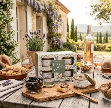 Épicerie fine - COFFRET Instants Gourmets Provence : Terrine aux olives noires 100g Terrine à la figue sèche 100g Terrine à la fleur de lavande 100g Terrine à la Farigoule 100g - CATRICE GOURMET