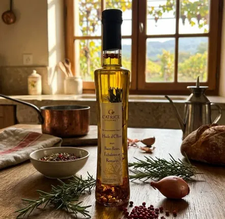 Épicerie fine - Huile d'olive aux baies roses, échalotes & romarin Bouteille originale 20cl - CATRICE GOURMET