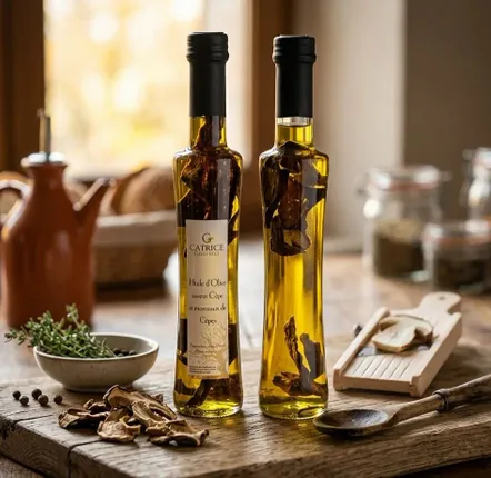 Épicerie fine - Huile d'olive saveur cèpe & moreceux de cèpes Bouteille originale 20cl - CATRICE GOURMET