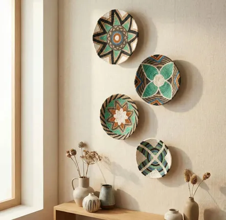 Autres décorations murales - Emerald Horizon : ensemble de 4 assiettes murales en osier faites à la - SARMAL DESIGN