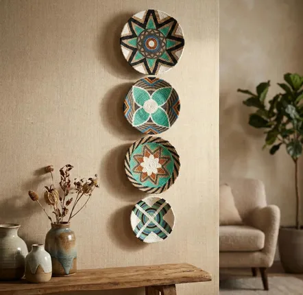 Autres décorations murales - Emerald Horizon : ensemble de 4 assiettes murales en osier faites à la - SARMAL DESIGN