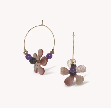 Bijoux - Boucles d'oreilles créoles fleur nacre brune - Belle De Nuit - NATURE BIJOUX