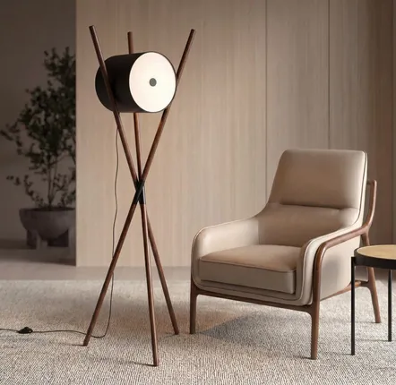 Floor lamps - Floor lamp in wood upholstered in black leatherette and dark walnut - ANGEL CERDÁ