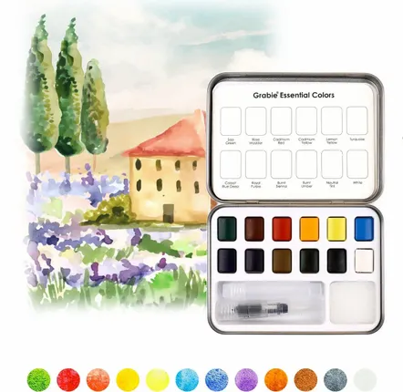 Papeterie bureau - Ensemble de 12 aquarelles de poche avec pinceau - Couleurs essentielle - GRABIE