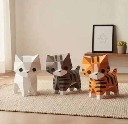 Children's decorative items - Papercraft 3D DIY Kits - Red Paper Mini Cat - MOKI MOKI